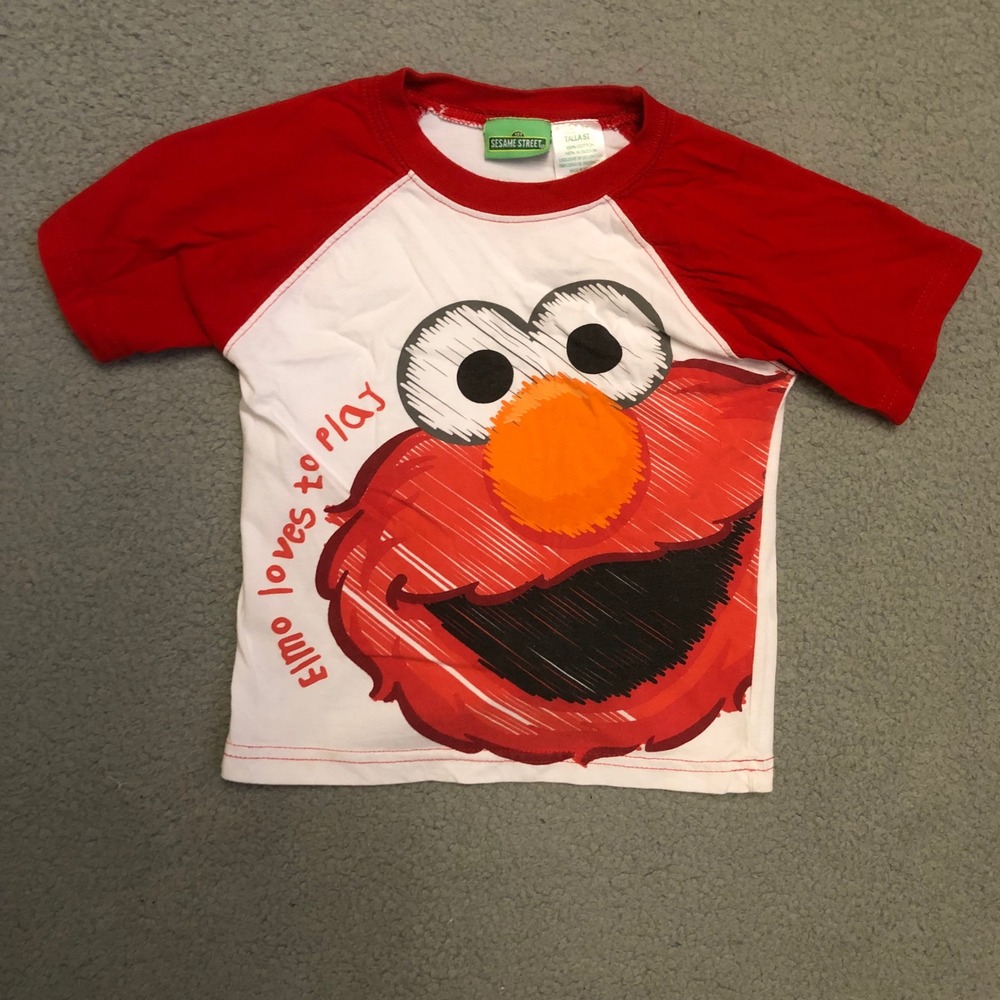 VTG Sesame Street Elmo Loves to Play Raglan Graphic T-Shirt Red White Toddler 5T